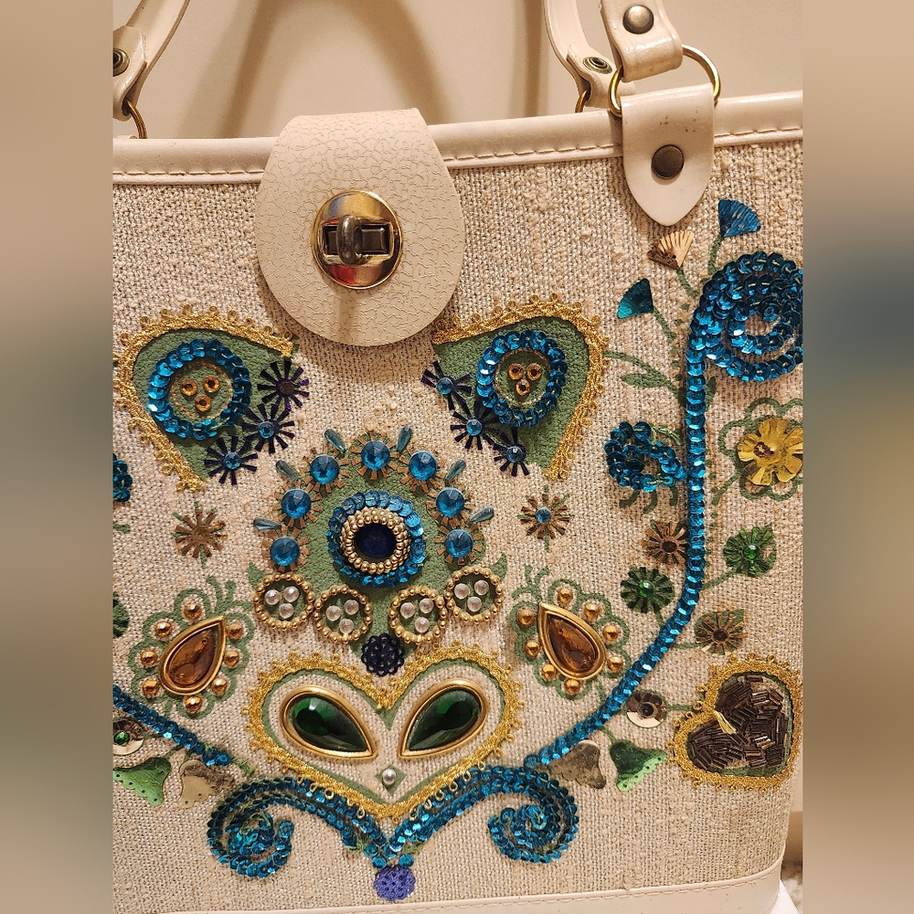 Vintage Pristine 1960s Enid Collins–Inspired “Jeweled Garden” Canvas Tote - Picture 2 of 8